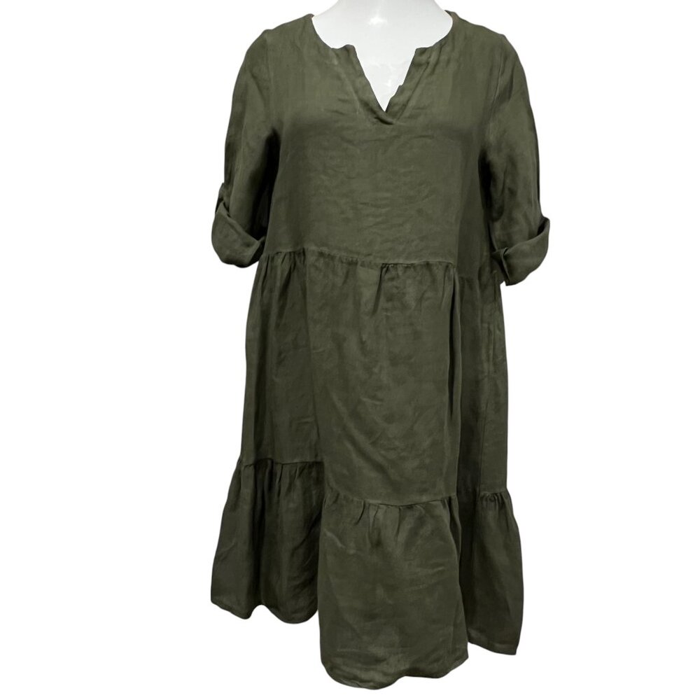 Francesca Bettini Pullover Linen Tiered Dress, Olive, S